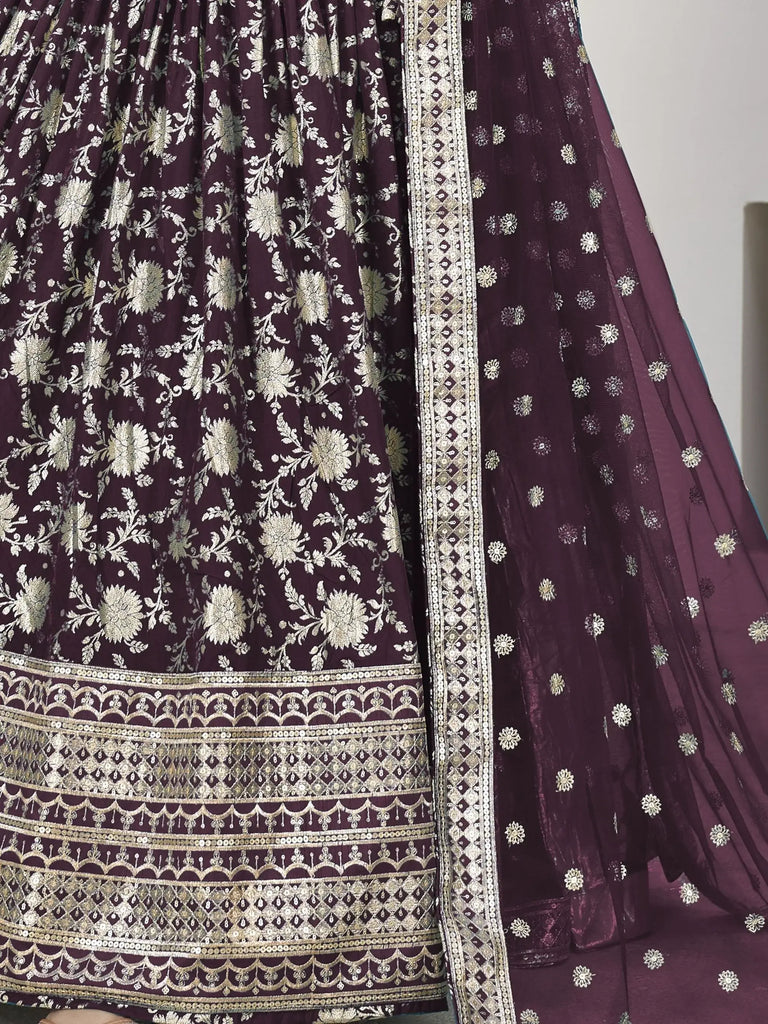 Pretty Wine Zari Embroidered Jacquard Engagement Wear Lehenga Choli