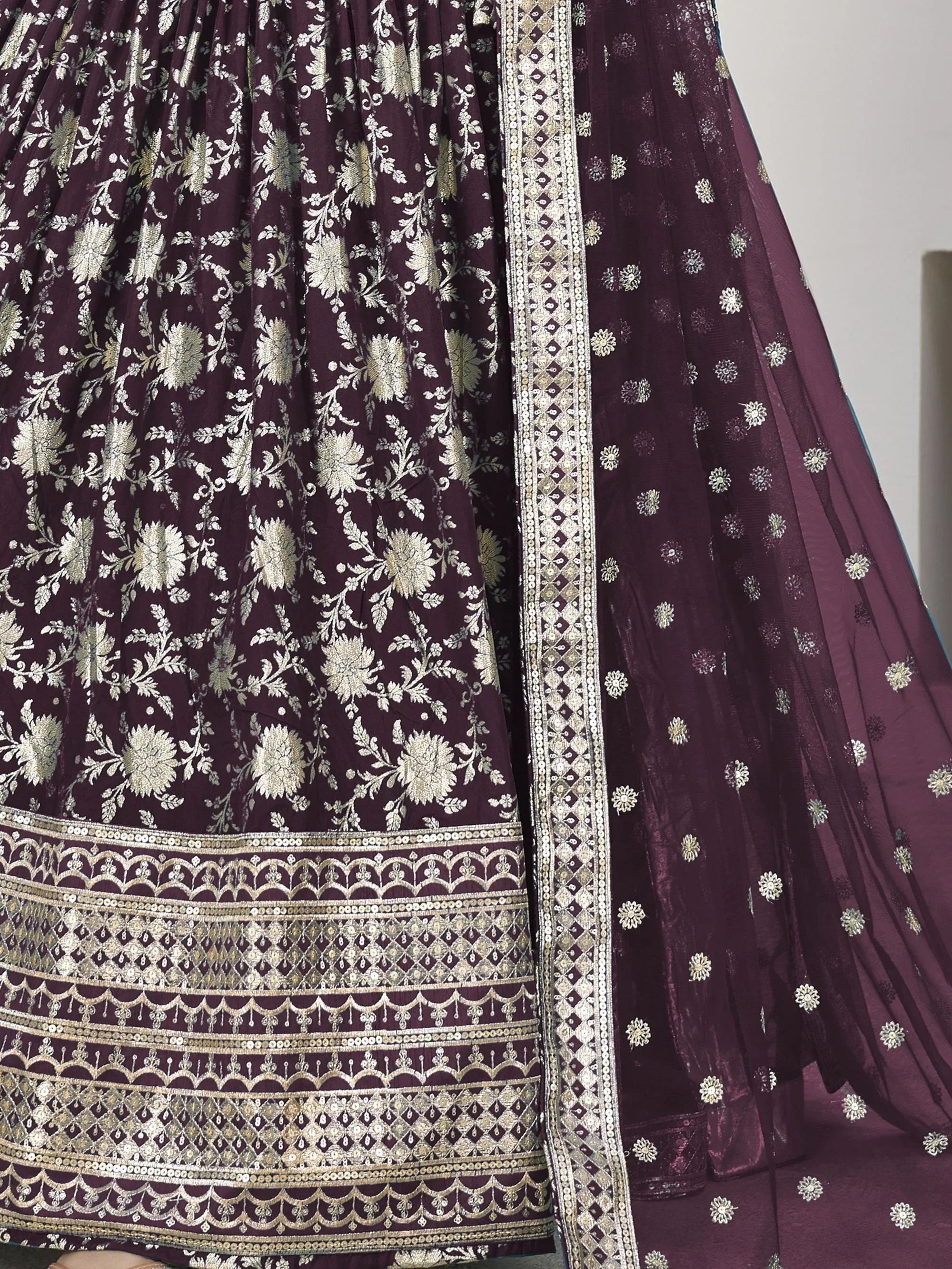 Purple floral embroidered lehenga choli with gold zari work and dupatta, Indian ethnic wear