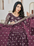 Pretty Wine Zari Embroidered Jacquard Engagement Wear Lehenga Choli