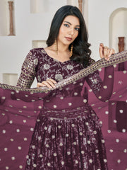 Pretty Wine Zari Embroidered Jacquard Engagement Wear Lehenga Choli