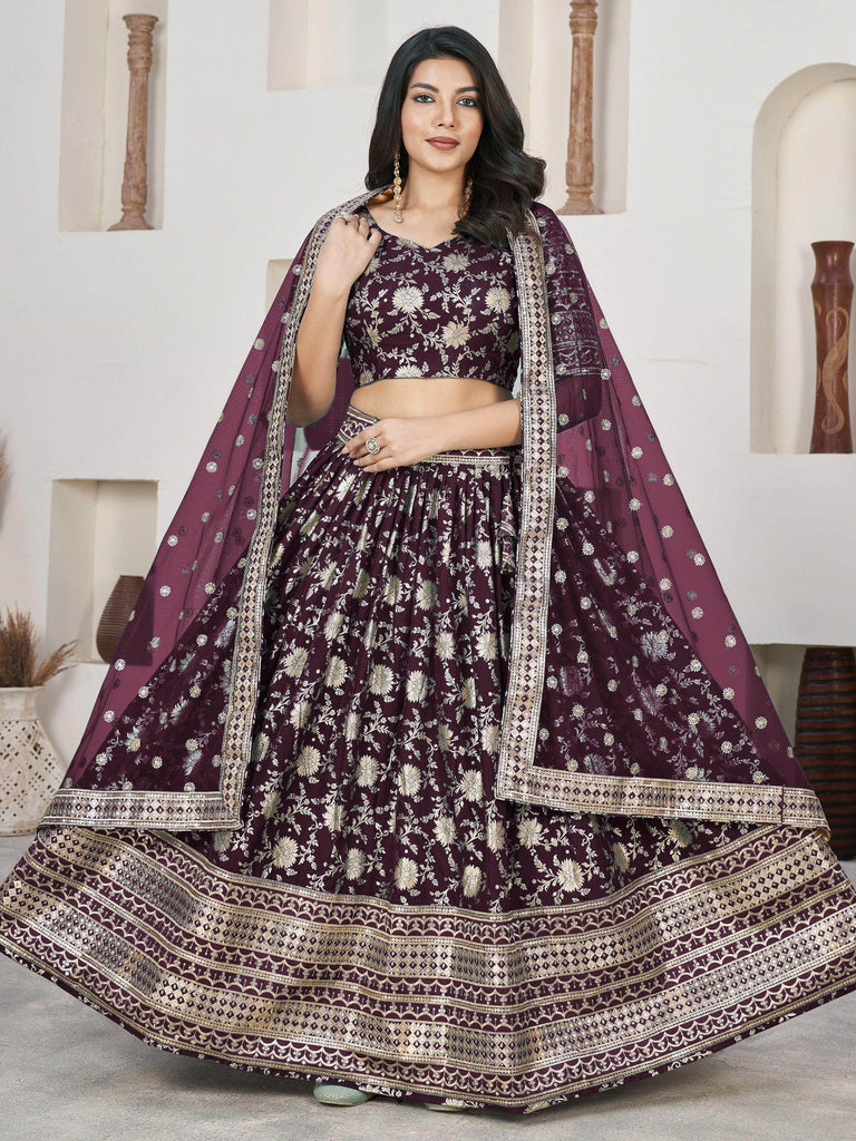 Pretty Wine Zari Embroidered Jacquard Engagement Wear Lehenga Choli