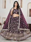 Pretty Wine Zari Embroidered Jacquard Engagement Wear Lehenga Choli