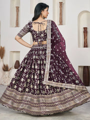 Pretty Wine Zari Embroidered Jacquard Engagement Wear Lehenga Choli