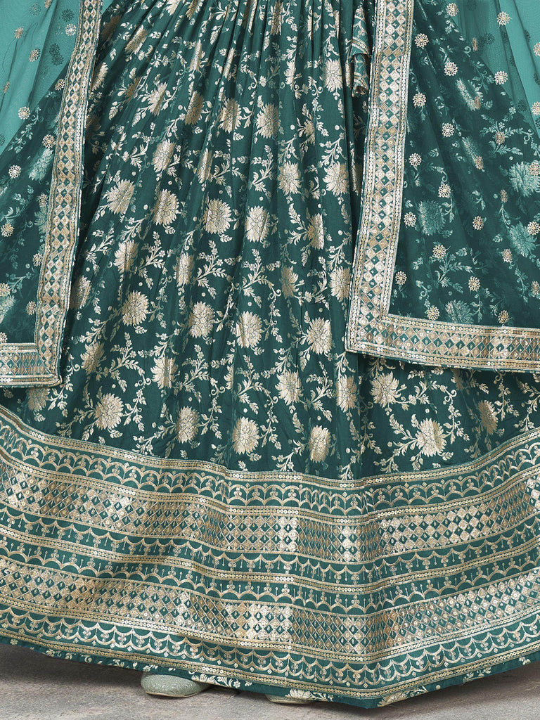 Adorable Teal Green Zari Embroidered Jacquard Lehenga Choli