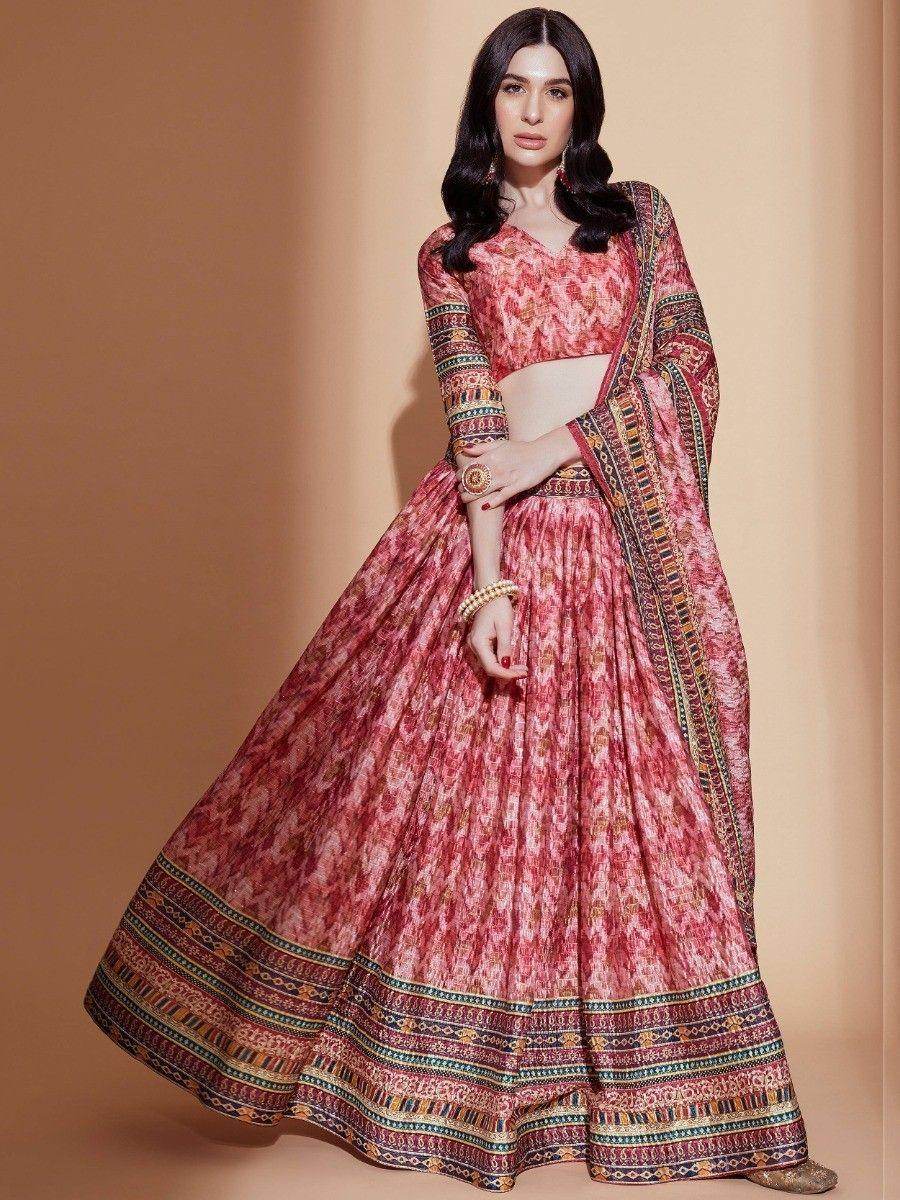 Bewitching Peach Digital Printed Chinon Traditional Lehenga Choli