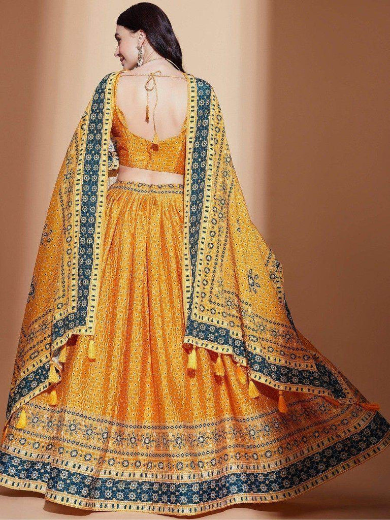 Beautiful Mustard Yellow Digital Printed Chinon Haldi Wear Lehenga Choli