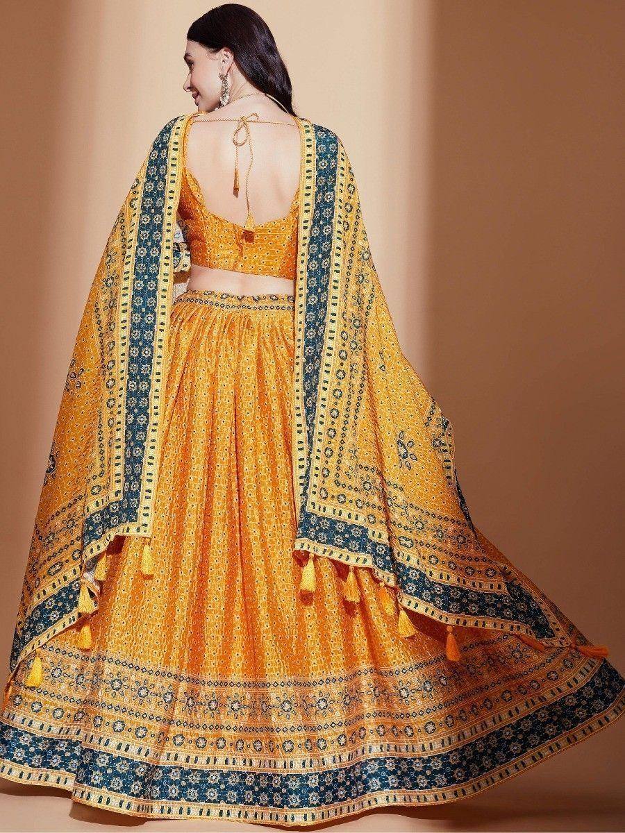 Yellow and blue printed lehenga choli with backless blouse and dupatta, ethnic Indian wear