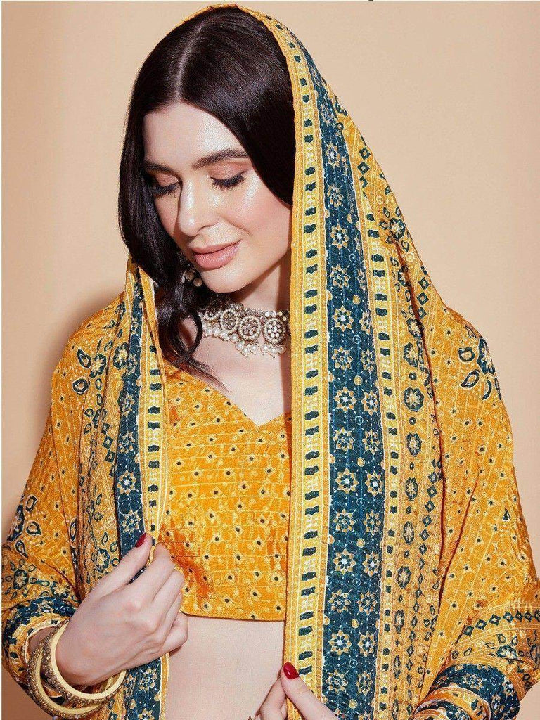 Beautiful Mustard Yellow Digital Printed Chinon Haldi Wear Lehenga Choli