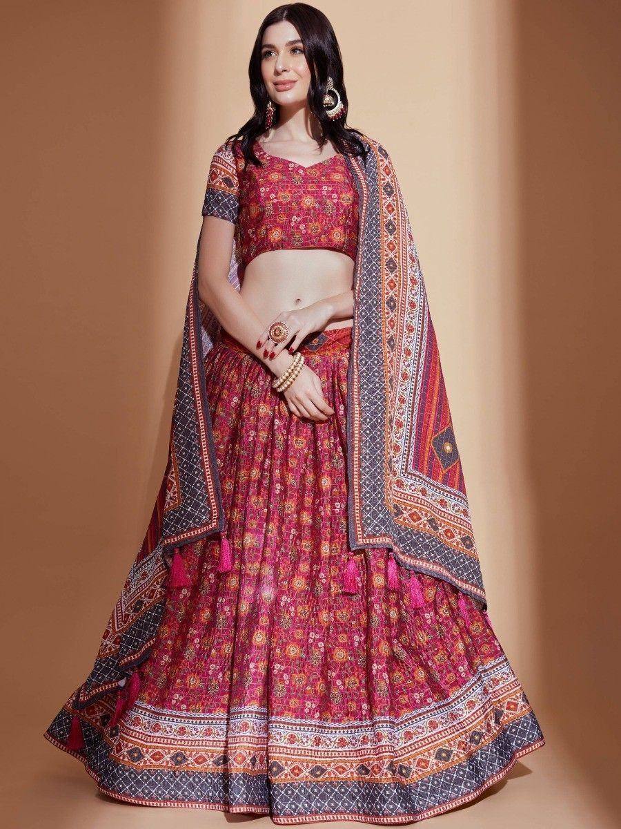 Red printed lehenga choli with dupatta, ethnic Indian wear for women