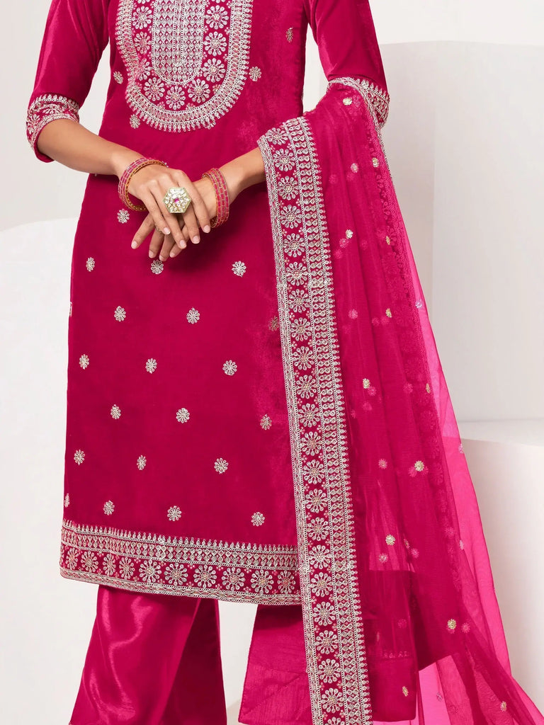 Dazzling Rani Pink Sequins Velvet Festival Wear Pant Suit With Dupatta