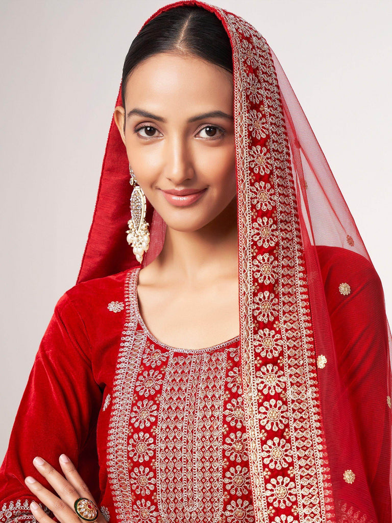 Astonishing Red Sequins Velvet Function Wear Pant Suit With Dupatta