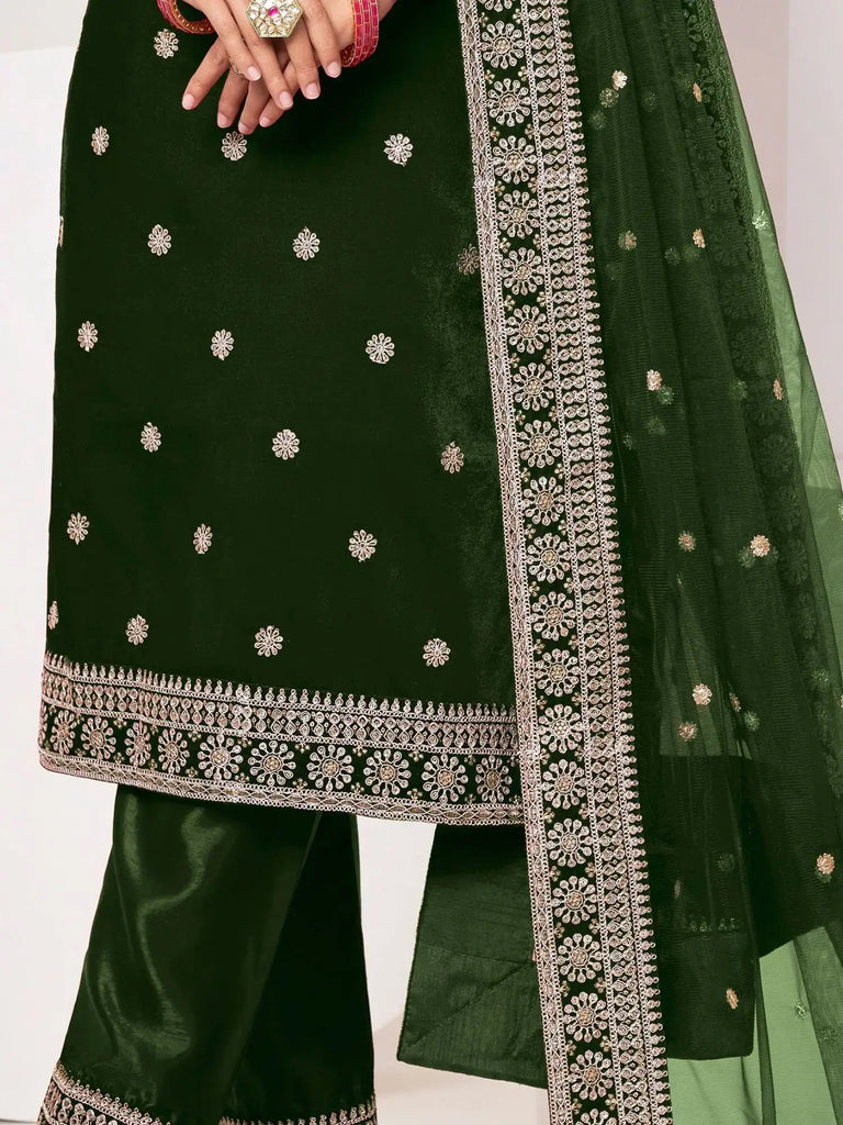 Wonderful Green Sequins Velvet Mehendi Wear Pant Suit With Dupatta
