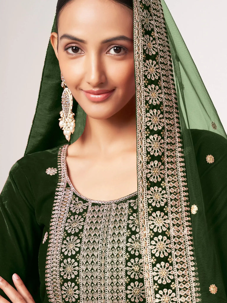 Wonderful Green Sequins Velvet Mehendi Wear Pant Suit With Dupatta