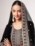 Awesome Black Sequins Velvet Event Wear Pant Suit With Dupatta