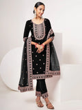 Awesome Black Sequins Velvet Event Wear Pant Suit With Dupatta
