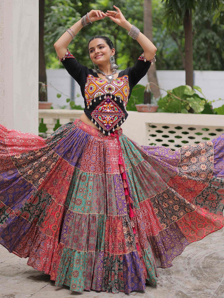 Dazzling Multi-Color Cotton Digital Printed Navratri Crop Top Lehenga