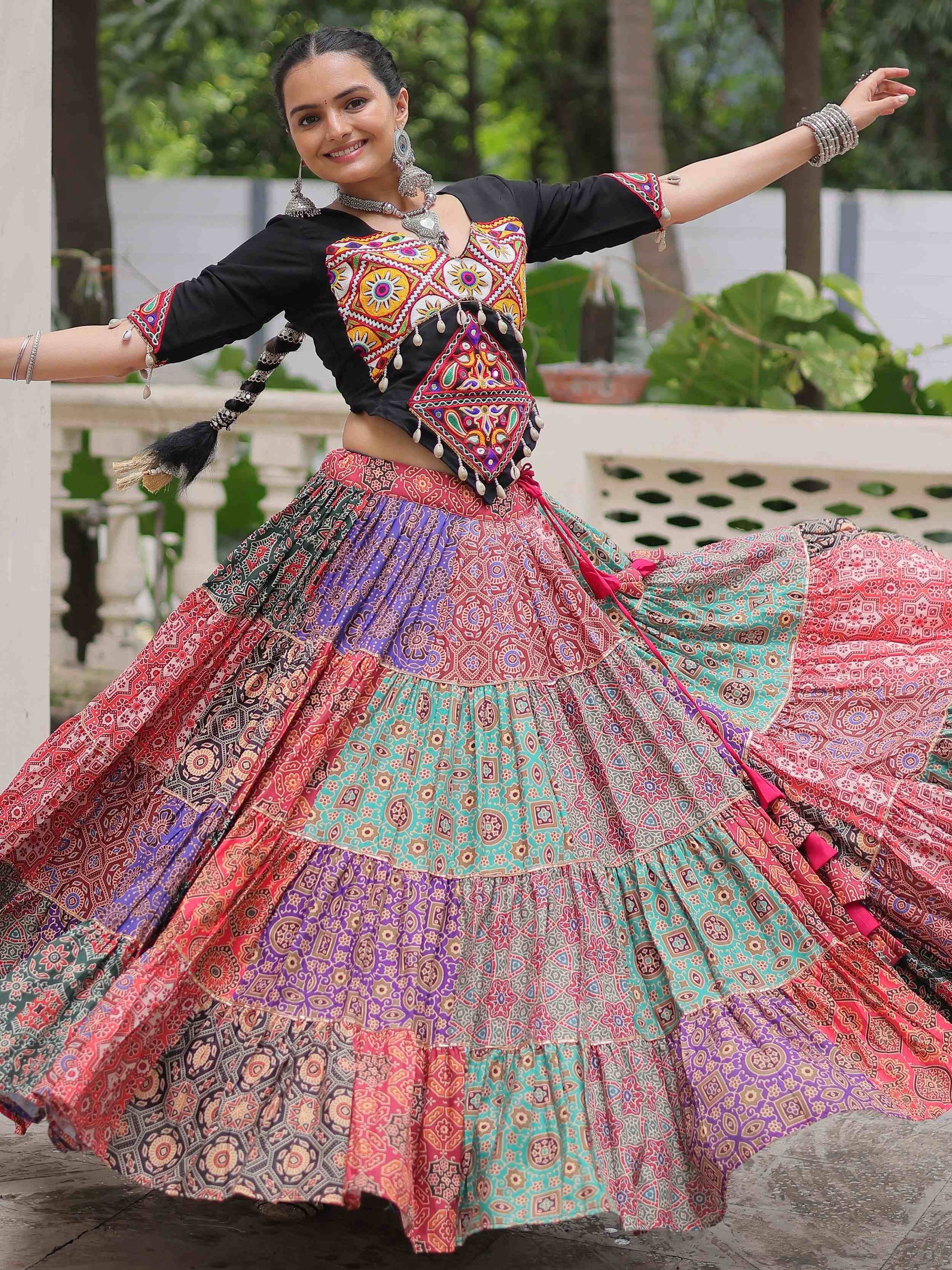 Colorful ethnic lehenga choli with intricate embroidery and vibrant patterns for festive occasions