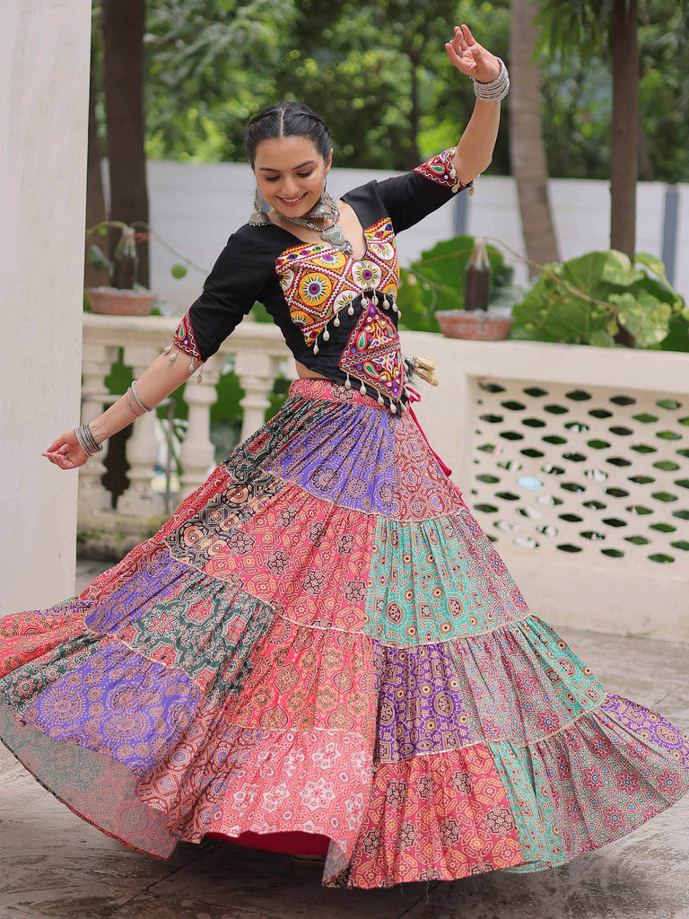 Dazzling Multi-Color Cotton Digital Printed Navratri Crop Top Lehenga