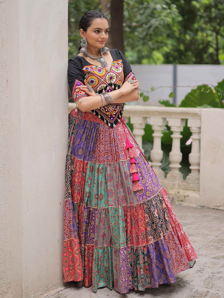 Dazzling Multi-Color Cotton Digital Printed Navratri Crop Top Lehenga