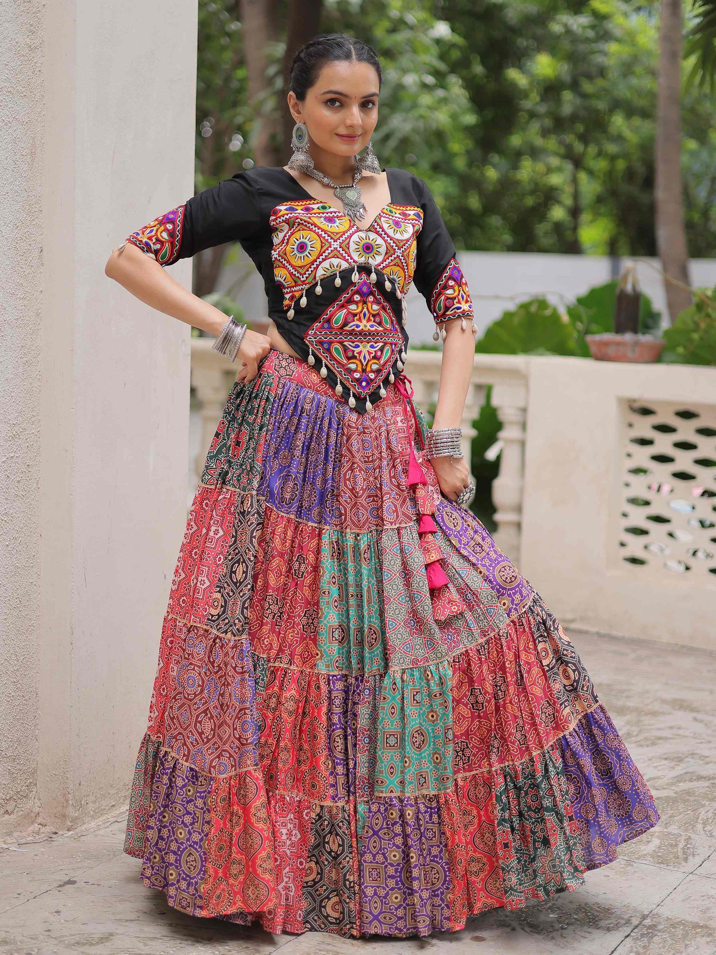Dazzling Multi-Color Cotton Digital Printed Navratri Crop Top Lehenga