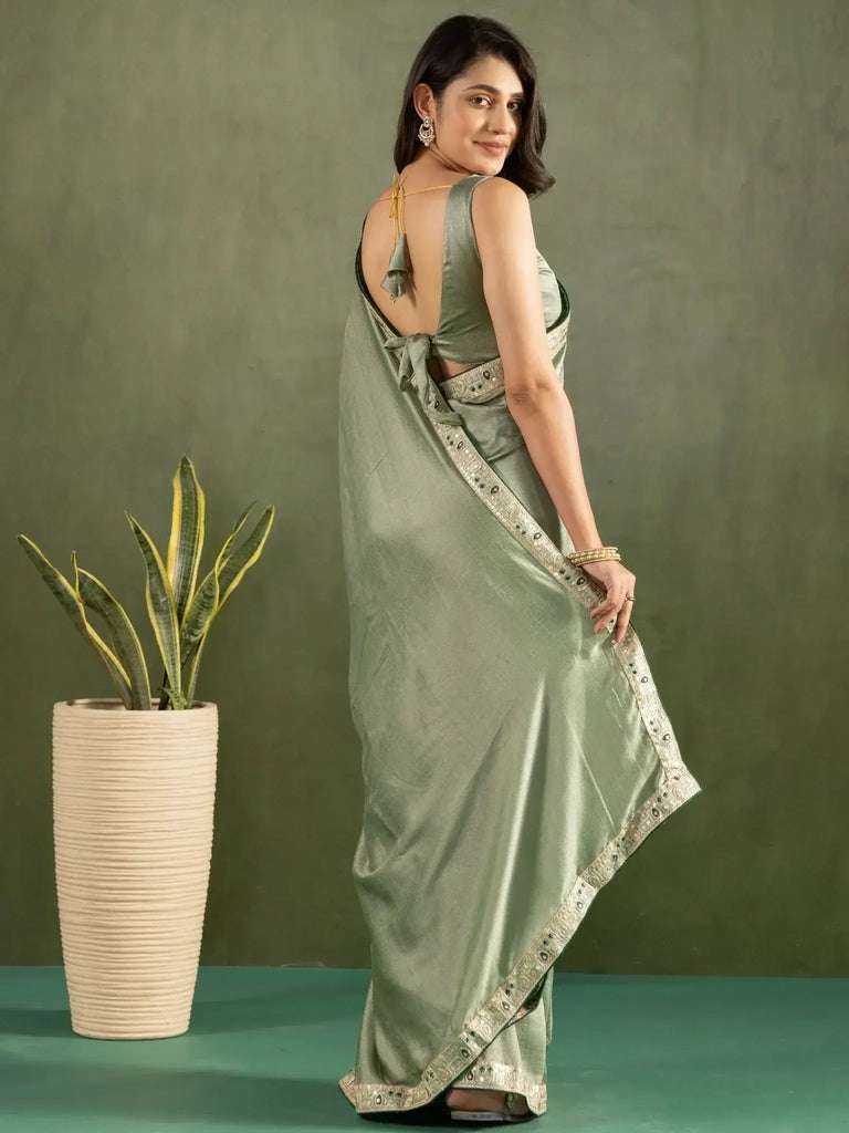 Radiant Pastel Green Chiffon Traditional One Minute Saree - Ethnic Plus In