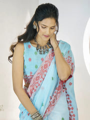 Captivating Sky-Blue Digital Printed Linen Office Wear Saree With Blouse