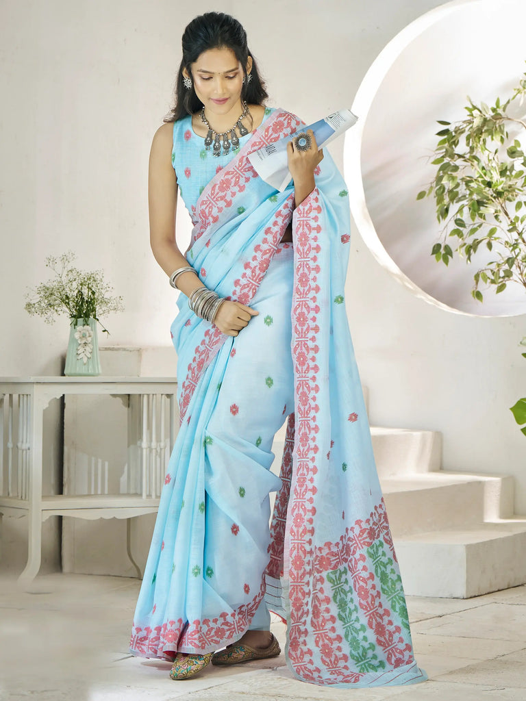 Captivating Sky-Blue Digital Printed Linen Office Wear Saree With Blouse