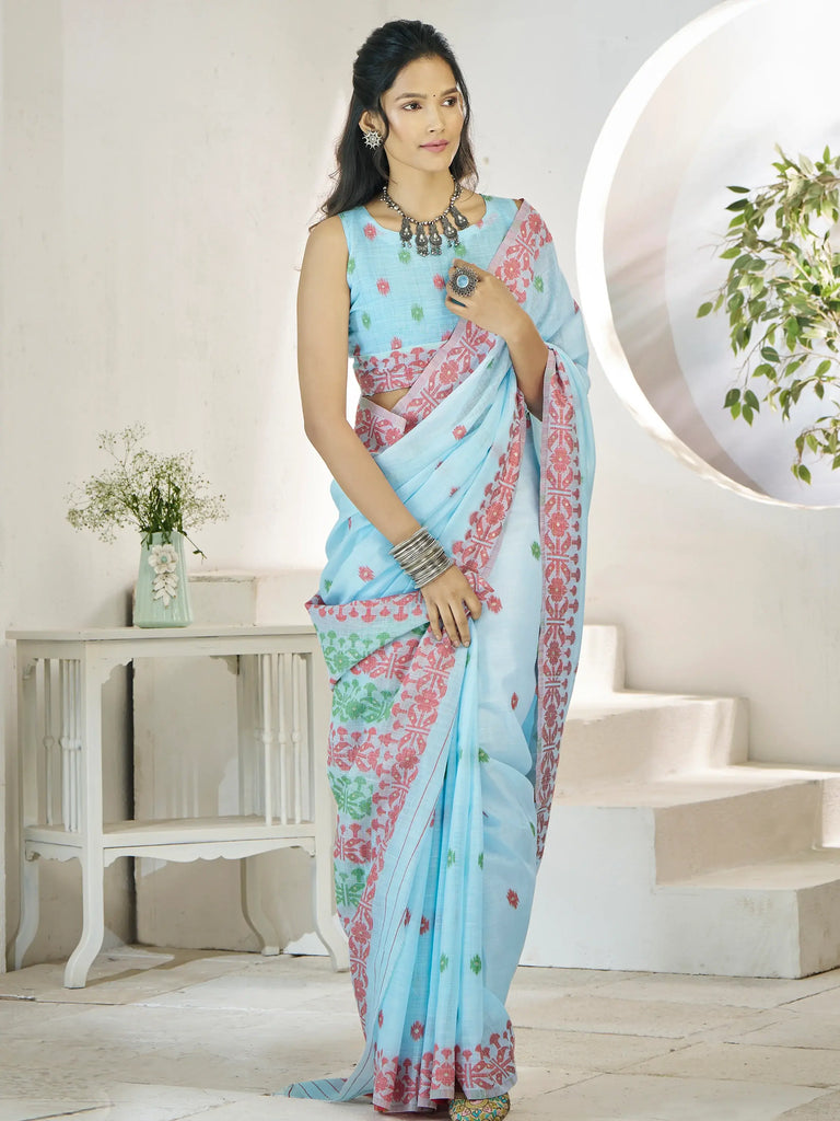 Captivating Sky-Blue Digital Printed Linen Office Wear Saree With Blouse