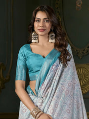 Special Teal Blue Foil Print Dola Silk Function Wear Saree With Blouse
