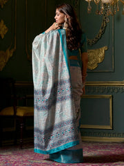 Special Teal Blue Foil Print Dola Silk Function Wear Saree With Blouse