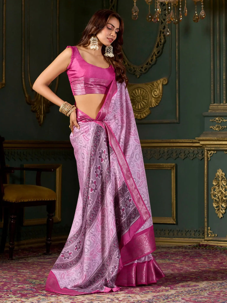 Fabulous Pink Foil Print Dola Silk Festival Wear Saree With Blouse