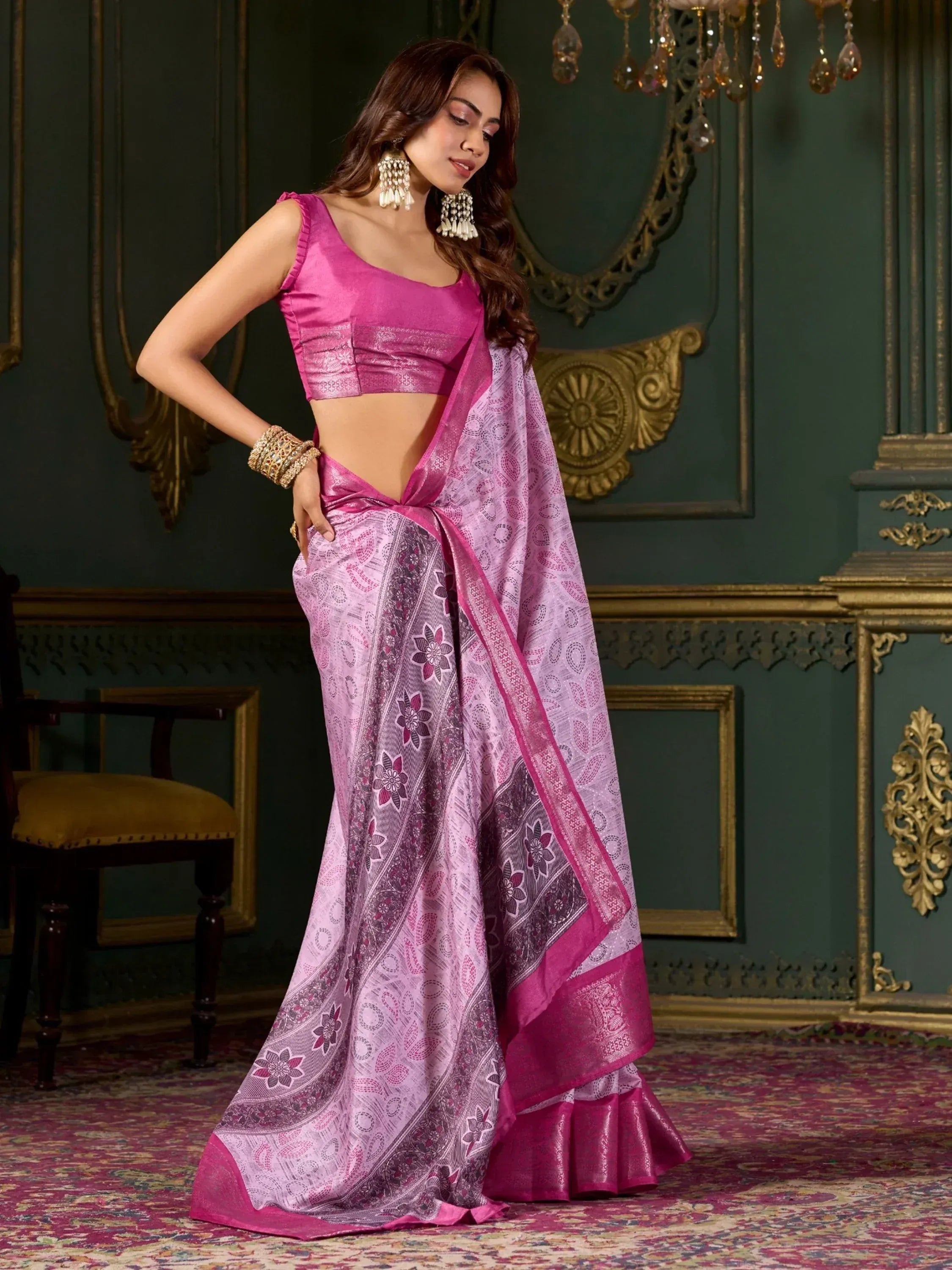 Pink floral printed saree with matching blouse, ethnic Indian wear for women