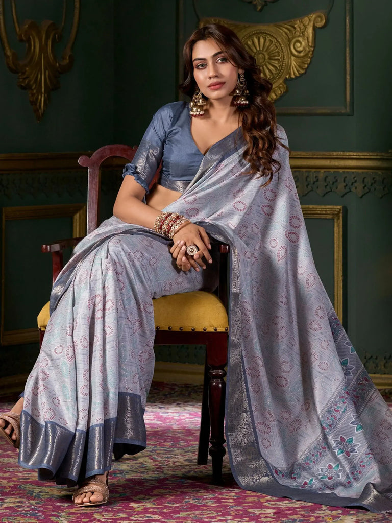 Lovely Dusty Blue Foil Print Dola Silk Festival Wear Saree With Blouse