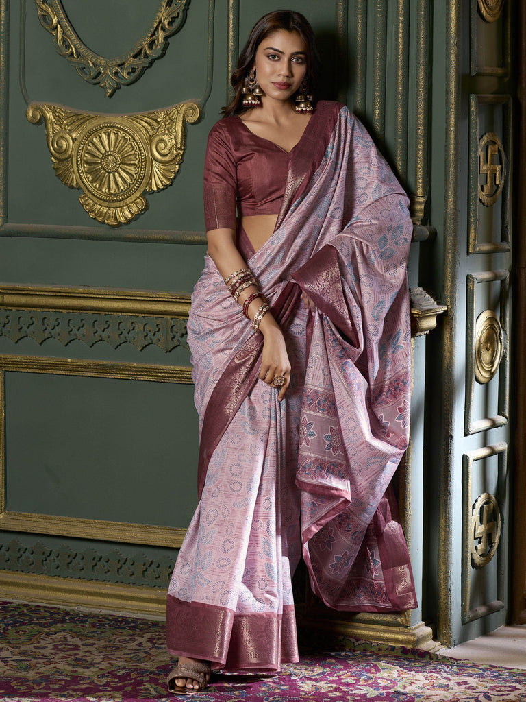 Beautiful Maroon Foil Print Dola Silk Event Wear Saree With Blouse