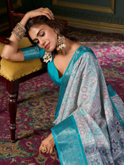 Special Teal Blue Foil Print Dola Silk Function Wear Saree With Blouse