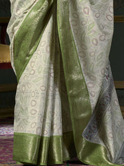 Pretty Olive Green Foil Print Dola Silk Mehendi Wear Saree With Blouse