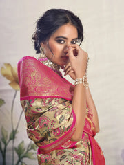 Beautiful Pink Floral Printed Silk Engagement Wear Saree With Blouse