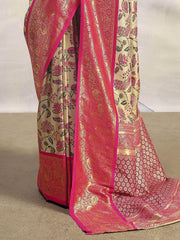 Beautiful Pink Floral Printed Silk Engagement Wear Saree With Blouse