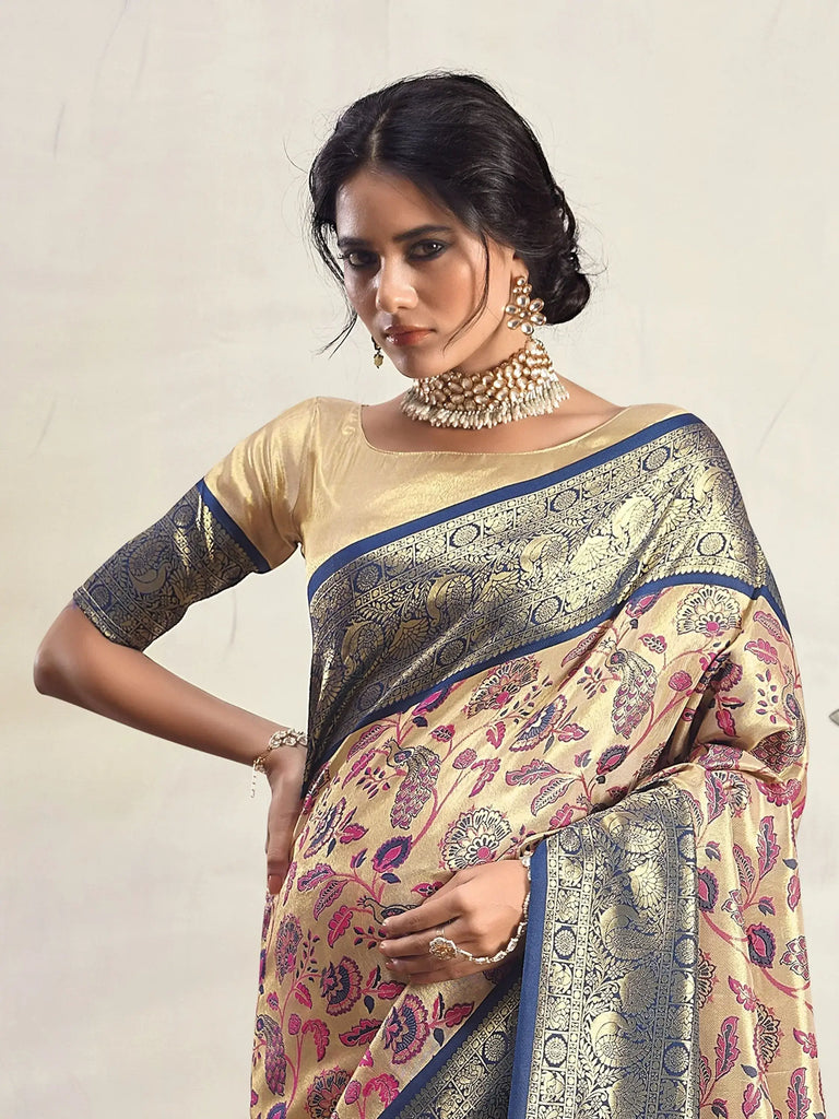 Gorgeous Navy Blue Floral Printed Silk Event Wear Saree With Blouse
