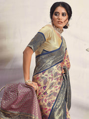 Gorgeous Navy Blue Floral Printed Silk Event Wear Saree With Blouse