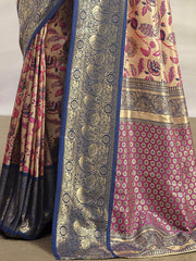 Gorgeous Navy Blue Floral Printed Silk Event Wear Saree With Blouse