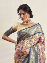 Gorgeous Navy Blue Floral Printed Silk Event Wear Saree With Blouse