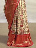 Stunning Cream Floral Printed Silk Wedding Wear Saree With Blouse