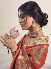 Stunning Cream Floral Printed Silk Wedding Wear Saree With Blouse