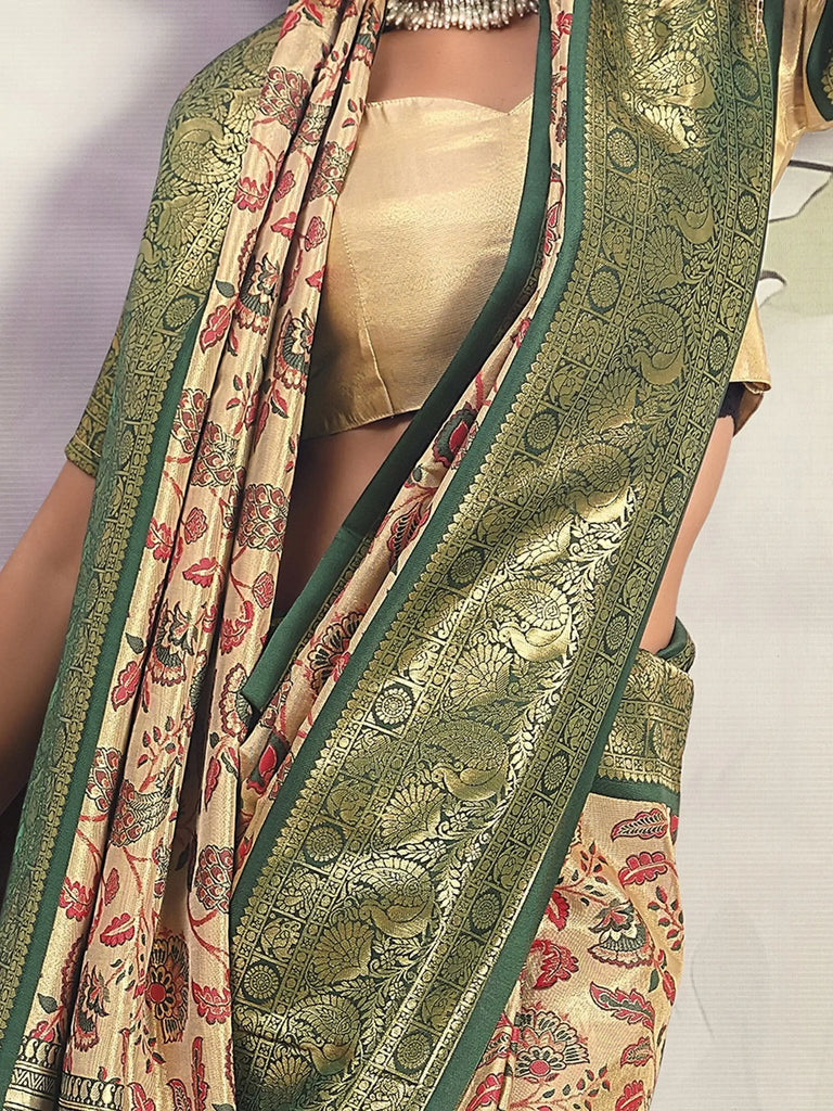 Wonderful Green Floral Printed Silk Event Wear Saree With Blouse