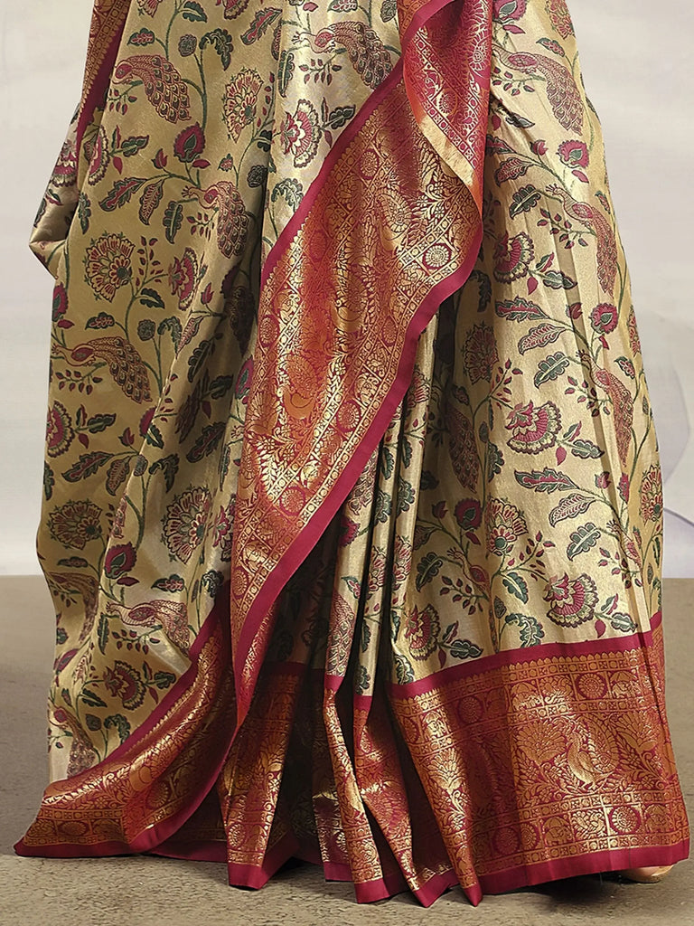 Striking Maroon Floral Printed Silk Function Wear Saree With Blouse
