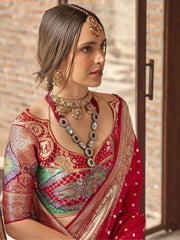 Beautiful Red Color Zari Weaving Silk Wedding Wear Saree With Blouse