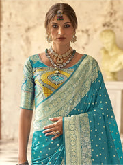 Captivating Sky Blue Zari Weaving Silk Function Wear Saree With Blouse