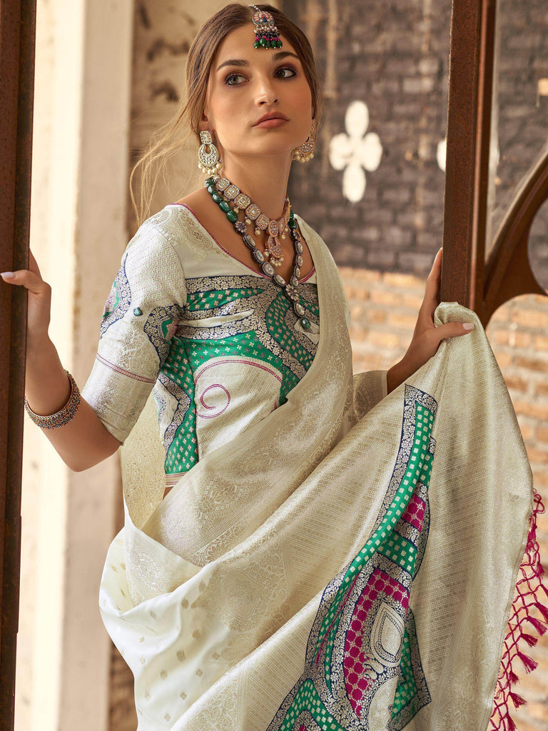 Marvelous Off-White Zari Weaving Silk Reception Wear Saree With Blouse