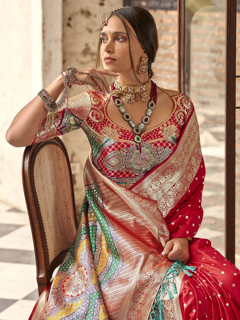 Beautiful Red Color Zari Weaving Silk Wedding Wear Saree With Blouse